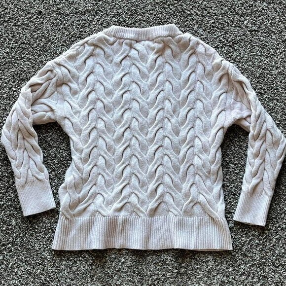Cream/Baby Pink Small Cable Knit Sweater with Ribbed Neckline - Picture 4 of 6